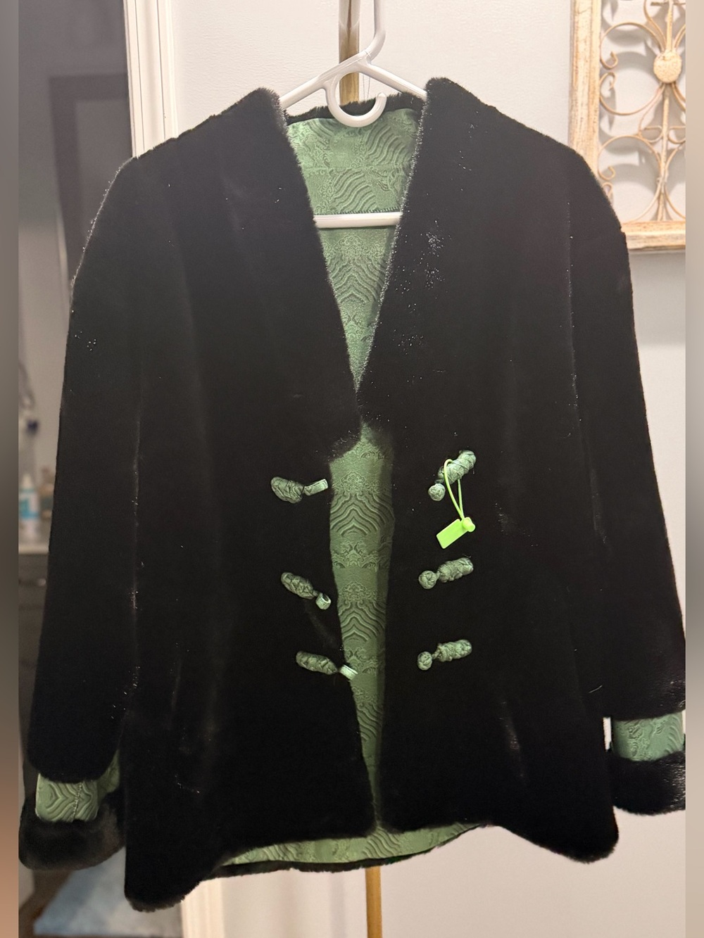 Black Faux Fur Teddy Jacket with Beautiful lined Green Trim